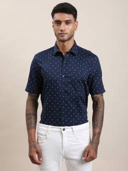 Turtle - Mens 100% Cotton Slim Fit Navy Blue Printed Formal Shirt
