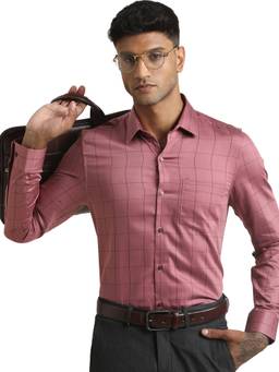 Turtle - Mens 100% Cotton Slim Fit Pink Checks Formal Shirt