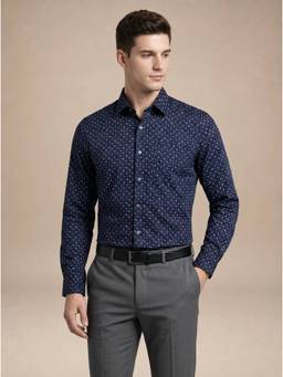 Turtle - Mens 100% Cotton Slim Fit Navy Blue Printed Formal Shirt