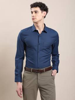 Turtle - Mens 100% Cotton Slim Fit Blue Self Design Formal Shirt