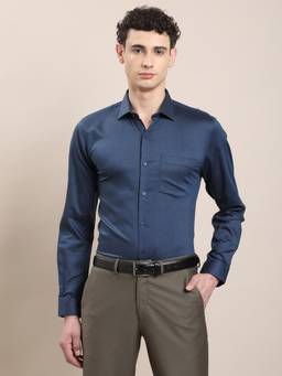 Turtle - Mens 100% Cotton Slim Fit Dark Blue Textured Formal Shirt