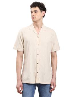 Turtle - Mens Cotton Linen Slim Fit Beige Embroidered Casual Shirt