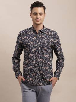 Turtle - Mens Cotton Modal Slim Fit Blue Printed Casual Shirt