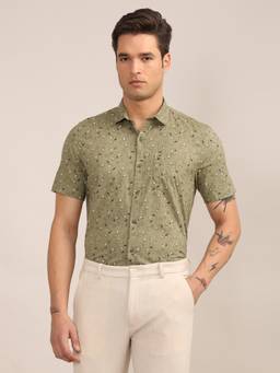 Turtle - Mens 100% Cotton Slim Fit Olive Floral Casual Shirt