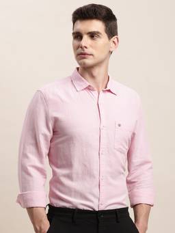 Turtle - Mens Cotton Linen Slim Fit Pink Solid/Plain Casual Shirt
