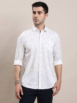 Turtle - Mens 100% Cotton Slim Fit White Floral Casual Shirt