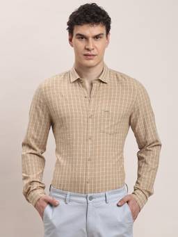 Turtle - Mens Handwoven Slim Fit Beige Checks Casual Shirt