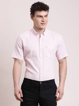 Turtle - Mens 100% Cotton Slim Fit Pink Self Design Casual Shirt