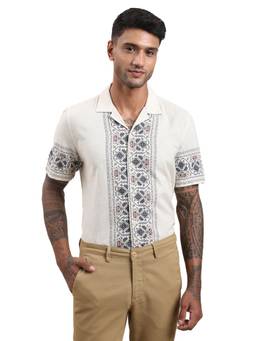 Turtle - Mens Cotton Linen Slim Fit Off White Printed Casual Shirt