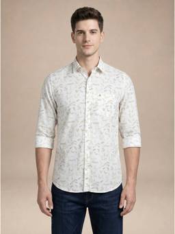 Turtle - Mens 100% Cotton Slim Fit White Printed Casual Shirt