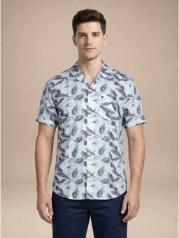 Turtle - Mens Viscose Nylon Slim Fit Blue Printed Casual Shirt