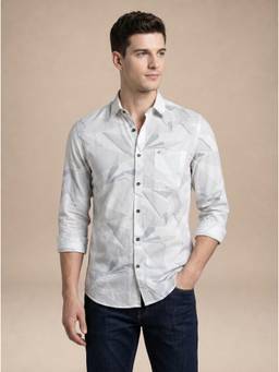 Turtle - Mens Cotton Modal Slim Fit White Printed Casual Shirt