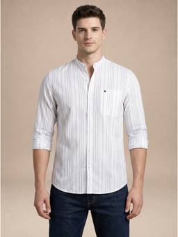 Turtle - Mens 100% Cotton Slim Fit White Stripes Casual Shirt