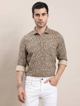 Turtle - Mens 100% Cotton Slim Fit Brown Floral Casual Shirt