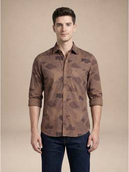 Turtle - Mens Organic Cotton Slim Fit Brown Printed Casual Shirt