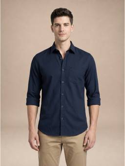 Turtle - Mens 100% Cotton Slim Fit Navy Blue Solid/Plain Casual Shirt