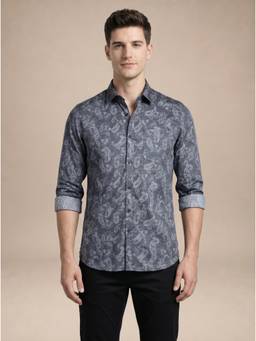 Turtle - Mens 100% Cotton Slim Fit Grey Paisley Casual Shirt