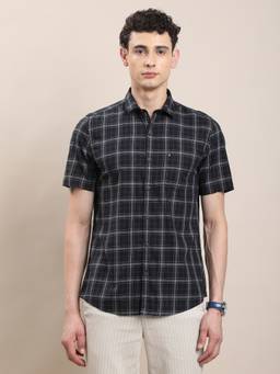 Turtle - Mens 100% Cotton Slim Fit Black Checks Casual Shirt