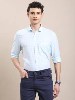 Turtle - Mens 100% Cotton Slim Fit Blue Checks Casual Shirt