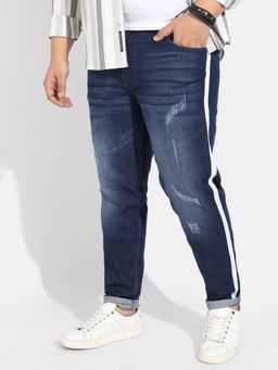 Instafab Plus - Mens Navy Blue Side-Striped Denim Jeans