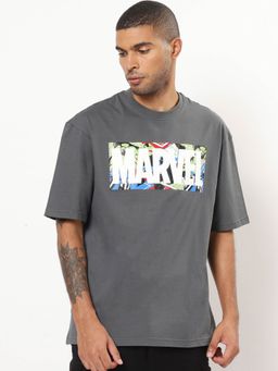 Bewakoof - Official Marvel Men's Grey Marvel Typography Oversized Fit T-shirt