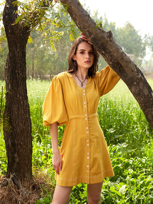 white christmas dresses Mustard Yellow Khadi Cotton Halter Neck Dress for Women – TJORI