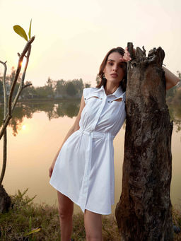 Blue Hour - Pristine Poplin Dress White With Belt (Set of 2)