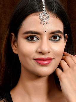 Silvermerc Designs - Silver Plated White American Diamond Studded Floral Maangtikka