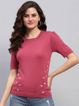 Monte Carlo - Women Pink Embellished Half Sleeves Square Neck Top