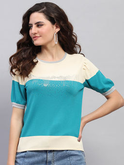 Monte Carlo - Women Green Colorblock Half Sleeves Round Neck Top