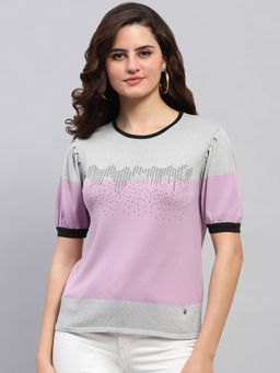 Monte Carlo - Women Lavender Colorblock Half Sleeves Round Neck Top