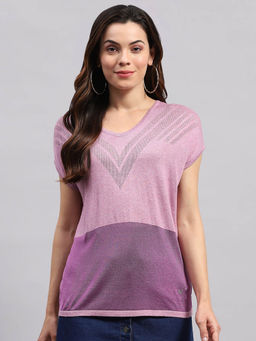 Monte Carlo - Women Purple Colorblock Half Sleeves V-Neck Top