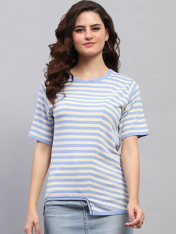 Monte Carlo - Women Blue Stripes Half Sleeves Round Neck Top