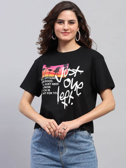 Monte Carlo - Women Black Graphic Printed Half Sleeves Round Neck Top