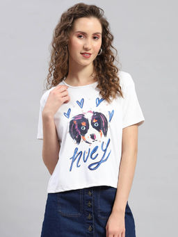 Monte Carlo - Women White Printed Half Sleeves Round Neck Top