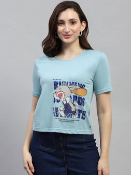 Monte Carlo - Women Blue Graphic Printed Half Sleeves Round Neck Top