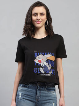 Monte Carlo - Women Black Graphic Printed Half Sleeves Round Neck Top