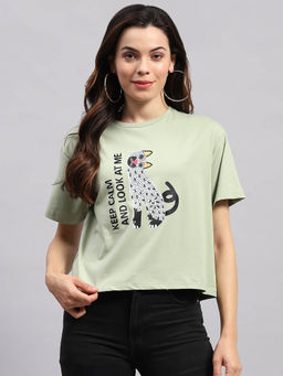 Monte Carlo - Women Green Printed Half Sleeves Round Neck Top