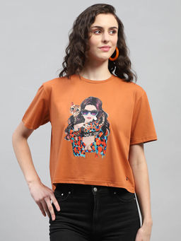 Monte Carlo - Women Rust Printed Half Sleeves Round Neck Top