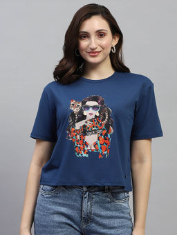 Monte Carlo - Women Navy Blue Printed Half Sleeves Round Neck Top