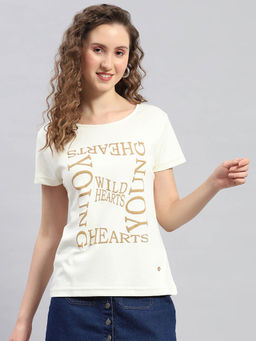 Monte Carlo - Women Off White Printed Half Sleeves Round Neck Top