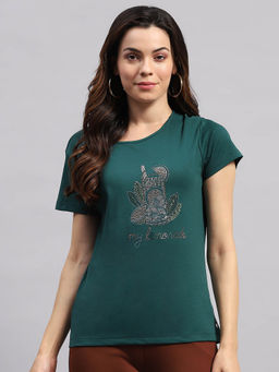 Monte Carlo - Women Green Embellished Half Sleeves Round Neck Top