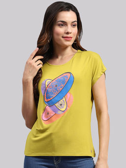 Monte Carlo - Women Yellow Printed Half Sleeves Round Neck Top
