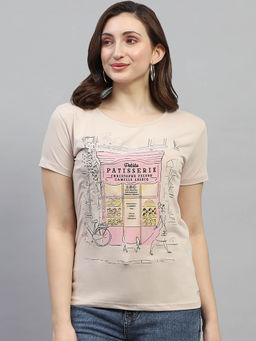 Monte Carlo - Women Beige Graphic Printed Half Sleeves Round Neck Top