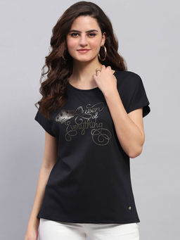 Monte Carlo - Women Navy Blue Embellished Half Sleeves Round Neck Top