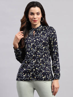 Monte Carlo - Women Navy Blue Floral Printed Full Sleeves Mandarin Neck Top