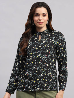Monte Carlo - Women Black Floral Printed Full Sleeves Mandarin Neck Top