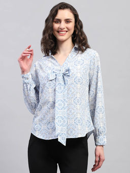 Monte Carlo - Women Blue Printed Full Sleeves Collar Neck Top