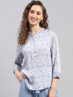 Monte Carlo - Women Blue Printed Three Fourth Sleeves Mandarin Neck Top
