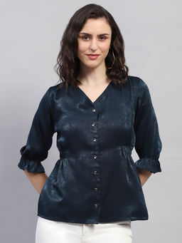 Monte Carlo - Women Teal Solid Balloon Sleeve V-Neck Top